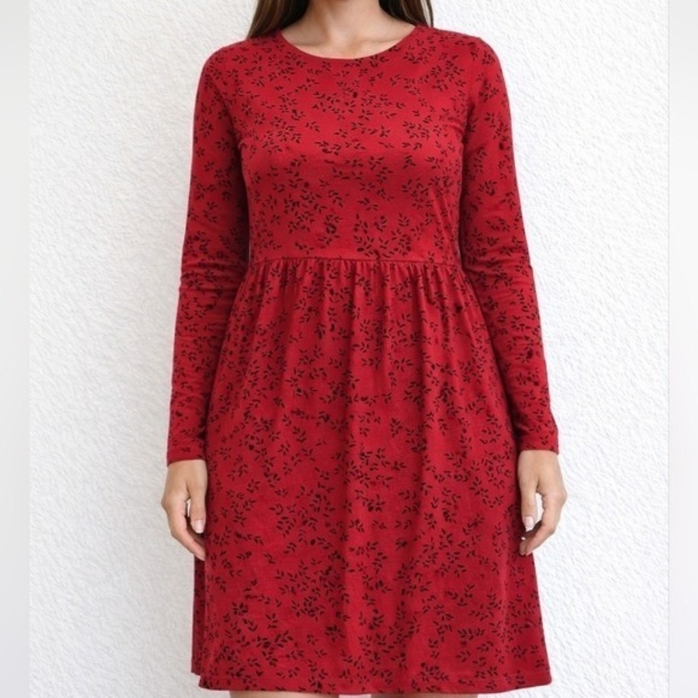 J. Jill Wearever Dress Women Small Red Black Leaf Print Empire Waist Long Sleeve